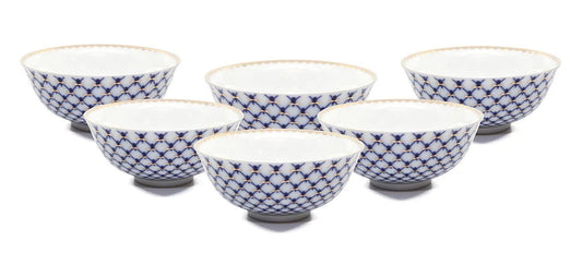 SET of 6 Lomonosov Porcelain Piala 4" Tea Cup Set, Russian Cobalt Blue Net