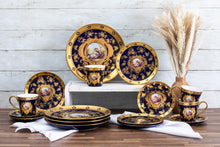 Royalty Porcelain Dinnerware Set - 16 Piece Dish Set for 4 - Luxurious Hand-Painted Ceramic - Gorgeous Premium Kitchen Dishes, Porcelain Dinnerware Sets, Classic Kitchen Set (Blue and Gold)