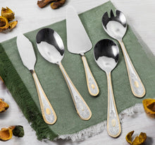 5 Piece Hostess Set - 18/10 Stainless Steel Serving Utensil Set - Gorgeous Floral Handle with Gold Detailing - Dishwasher Safe - Silver and Gold Flatware Hostess Serveware (Amalfi)