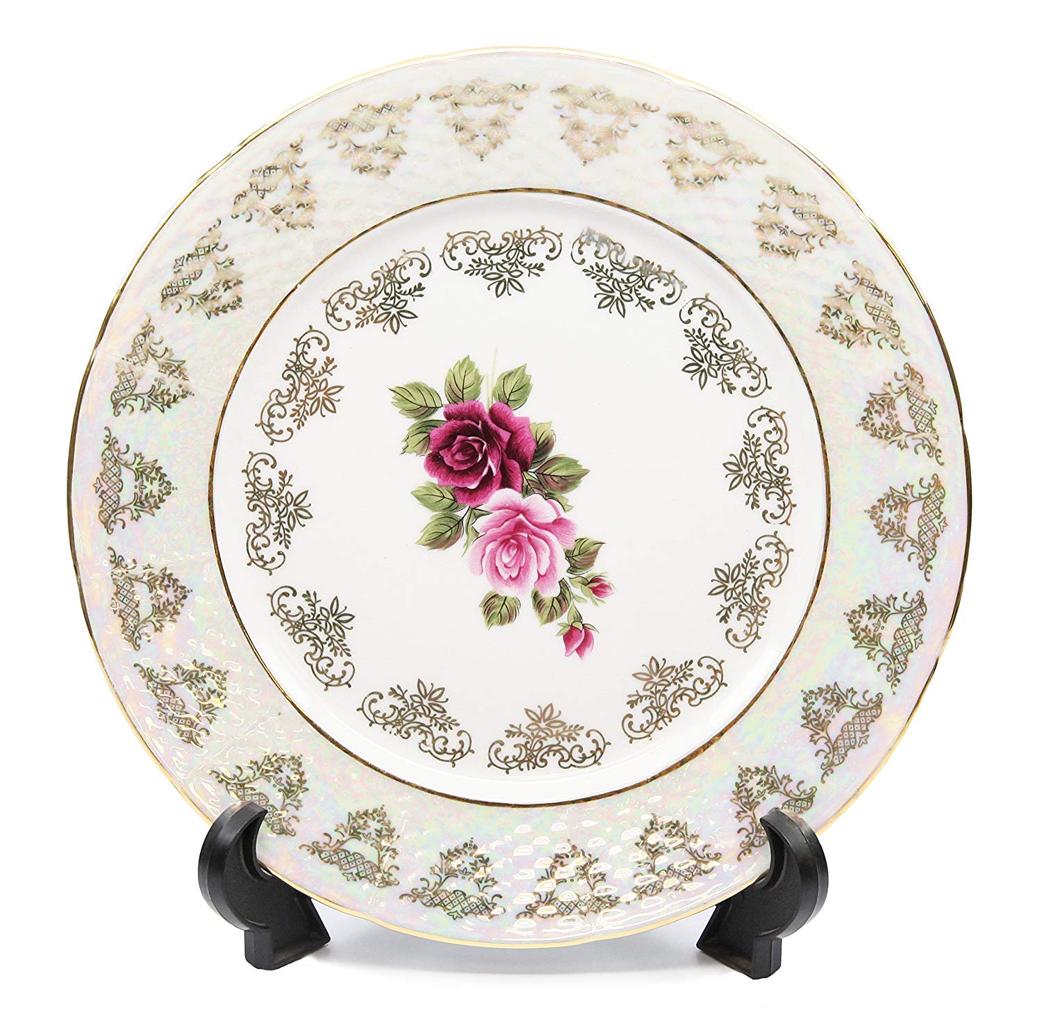 Royalty Porcelain Set of 6 Plates, Vintage Floral Rose Pattern, Bone China 24K Gold