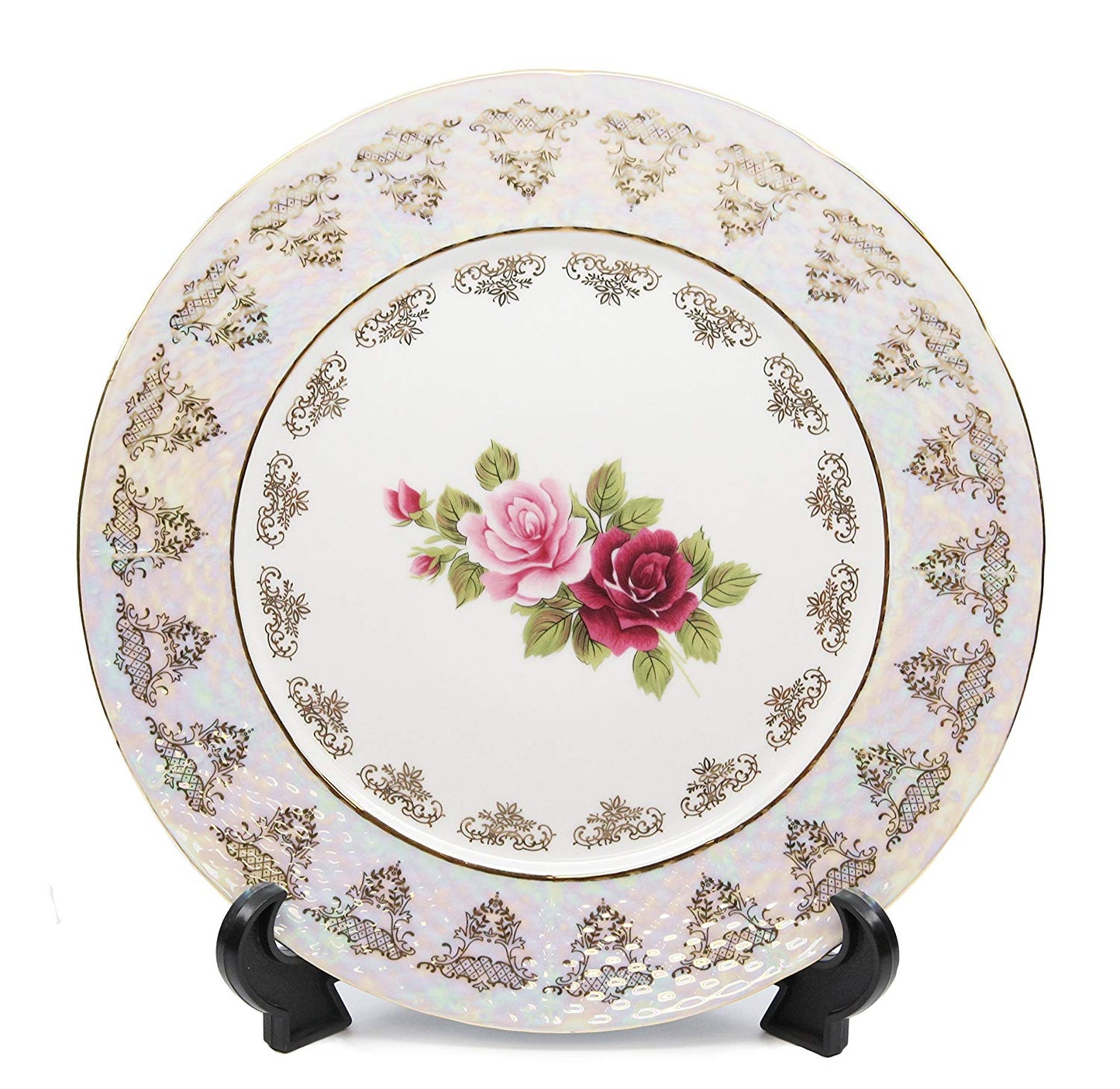Royalty Porcelain Set of 6 Plates, Vintage Floral Rose Pattern, Bone China 24K Gold