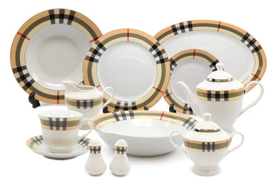 Royalty Porcelain 49-pc Dinner Set 'Tartan' Beige Banquet Set Service for 8