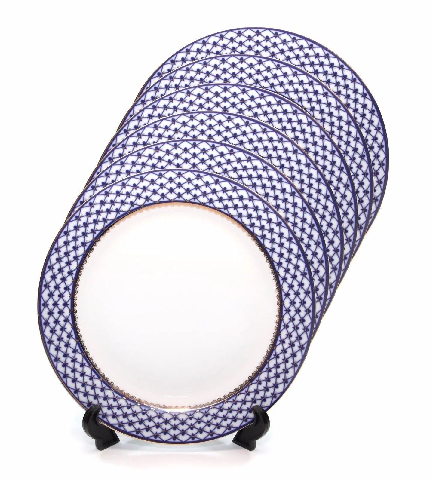 SET of 6 Dinner Plates 10.5" Lomonosov Porcelain - Russian Cobalt Blue Net, 24K