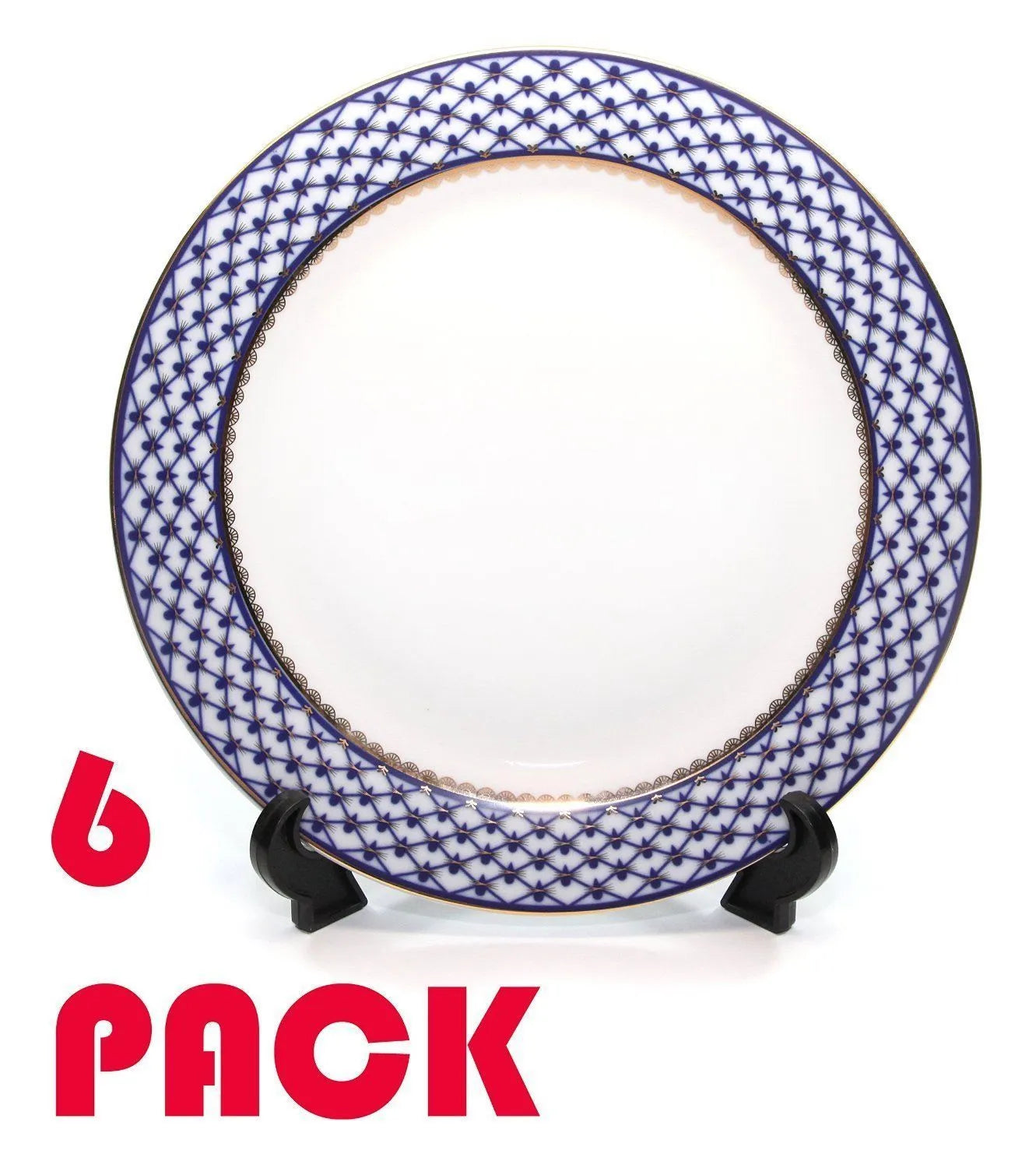 SET of 6 Dinner Plates 10.5" Lomonosov Porcelain - Russian Cobalt Blue Net, 24K