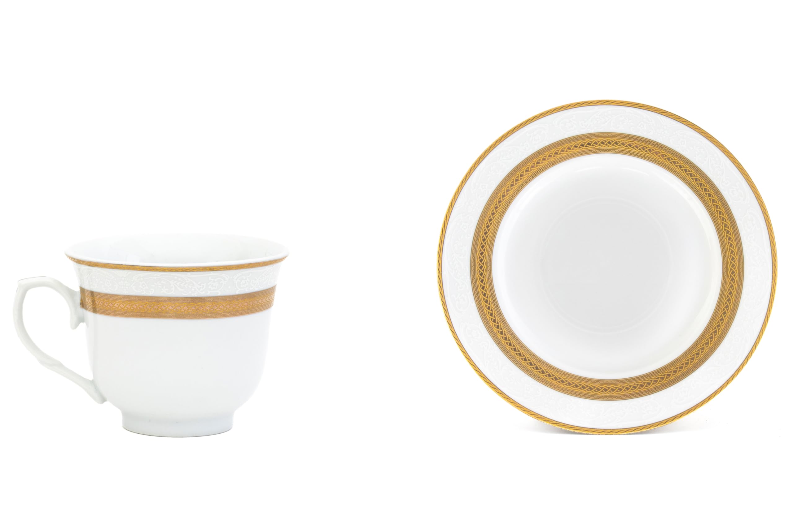 Complete set of two porcelain tea cups and two saucers styled on a wooden table with tea service