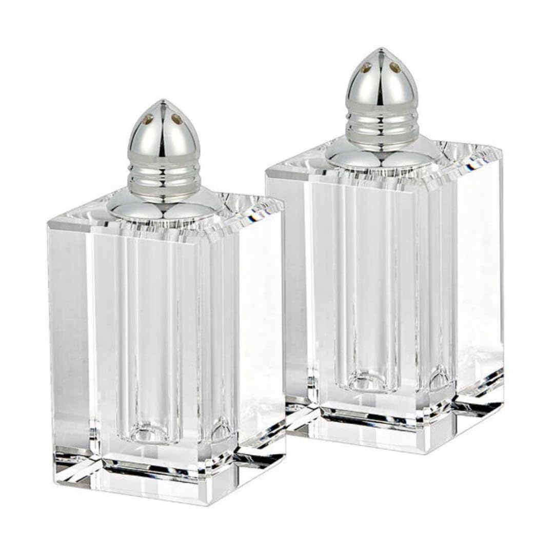 (D) Spirit Platinum 3.5 Inch Salt and Pepper Shakers - Handcrafted Lead-Free Optical Crystal Pair - Tall Rectangle Design