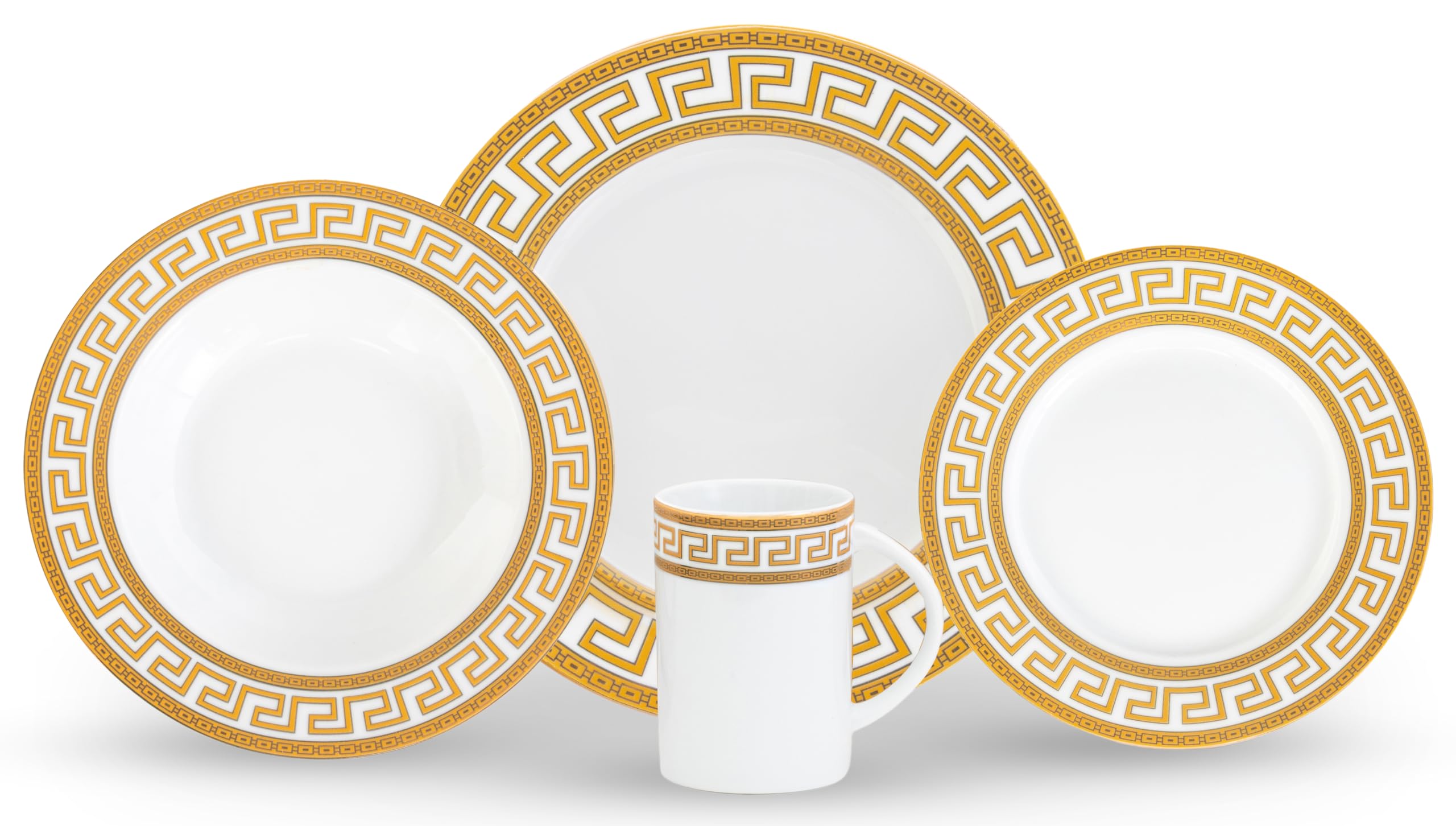 Close-up of silver vintage detailing on white porcelain mug and dinner plate from single-person dinnerware set
