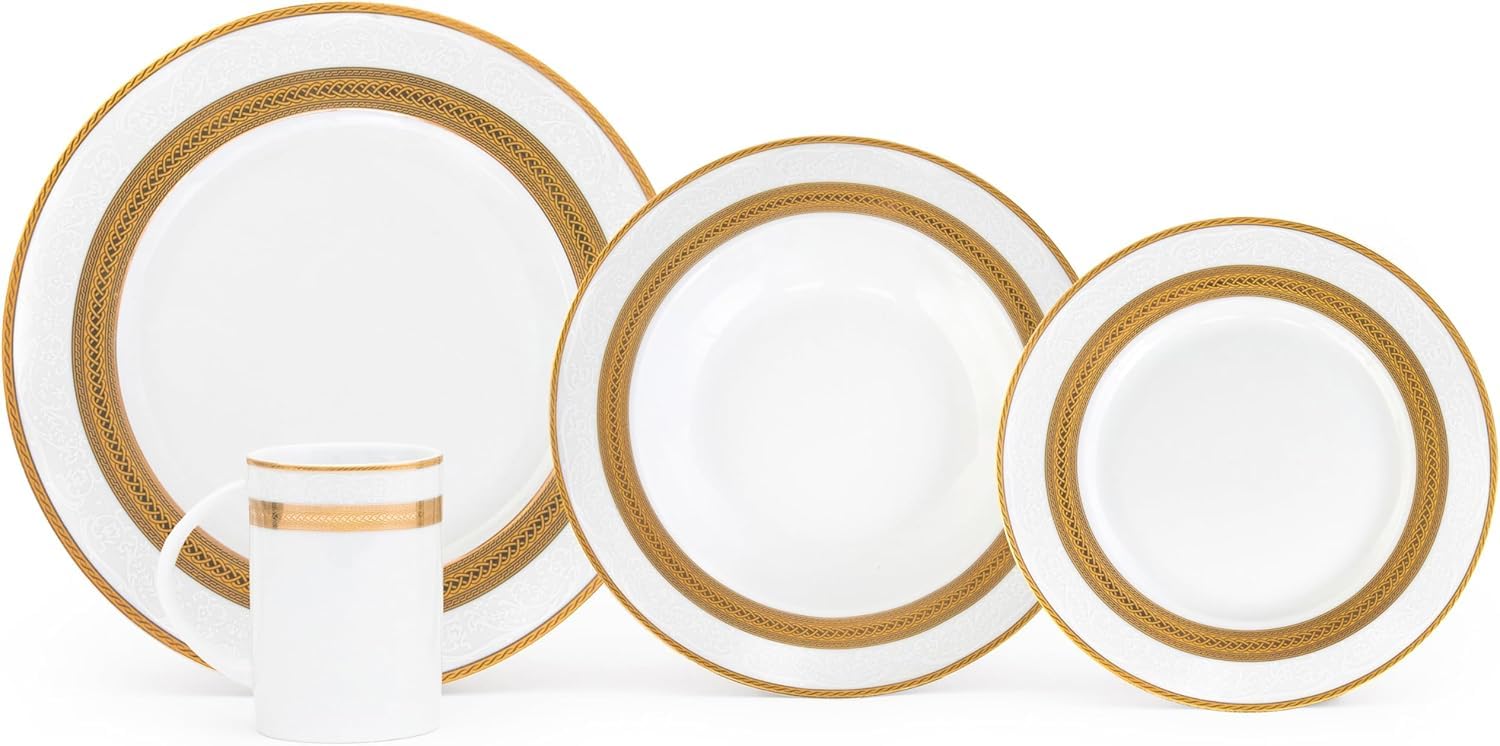 White porcelain 4-piece dinnerware set for one with gold vintage trim — dinner plate, soup plate, flat plate, and mug