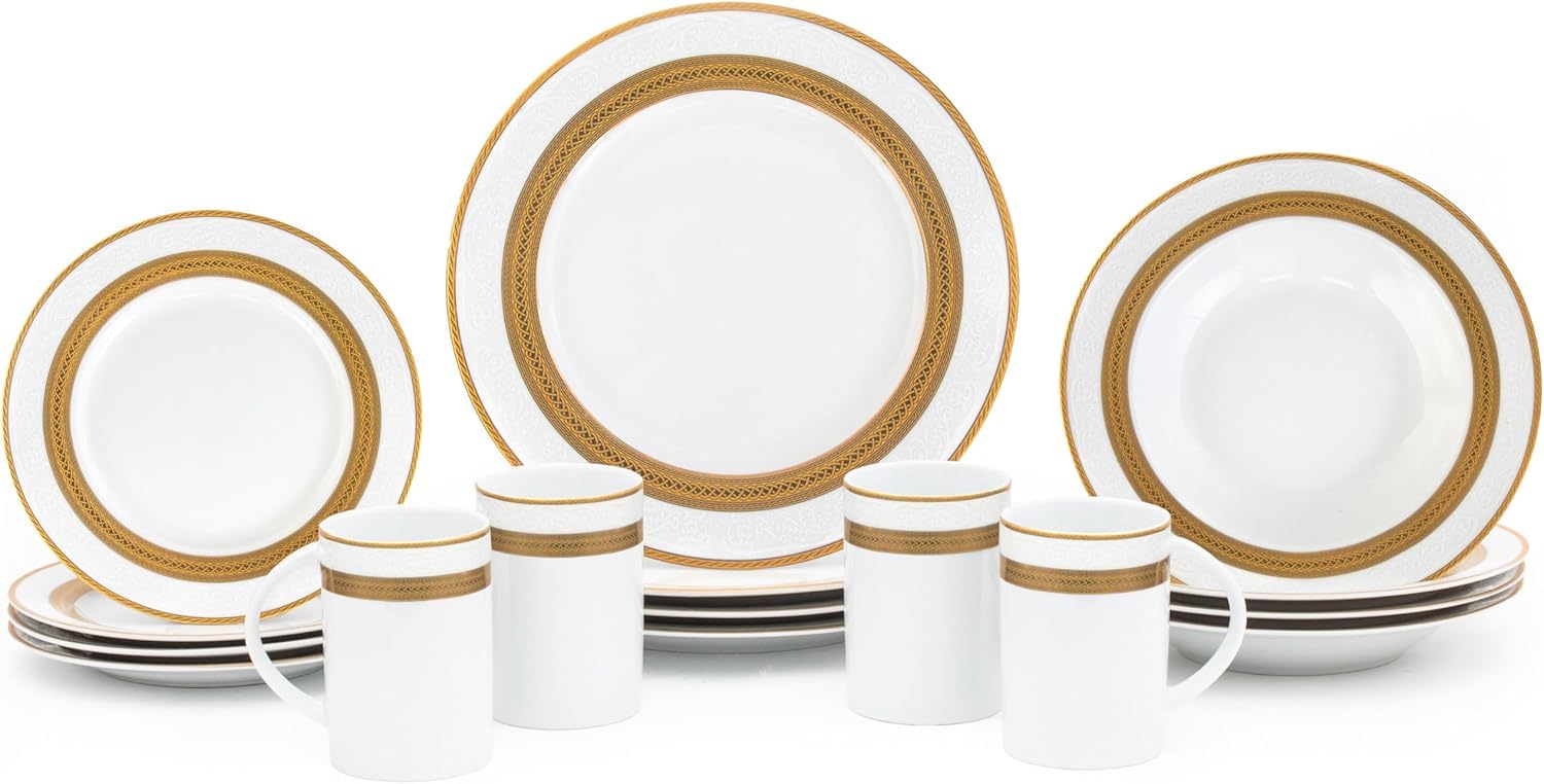 White porcelain dinnerware set for 4 with gold vintage accent detailing, showing all 16 pieces arranged on a table