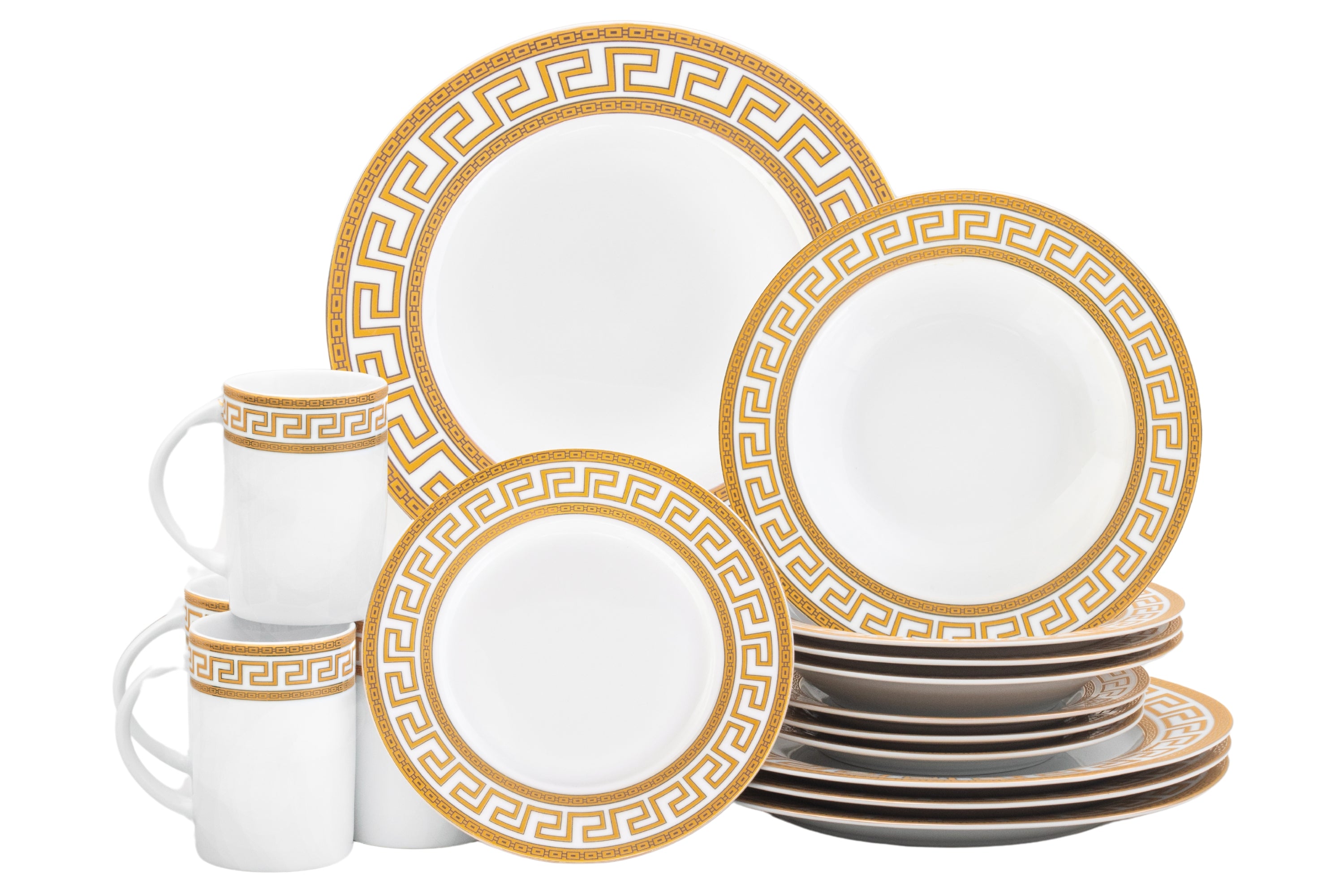Close-up of a white porcelain mug with silver vintage design from the 16-piece dinnerware set for 4