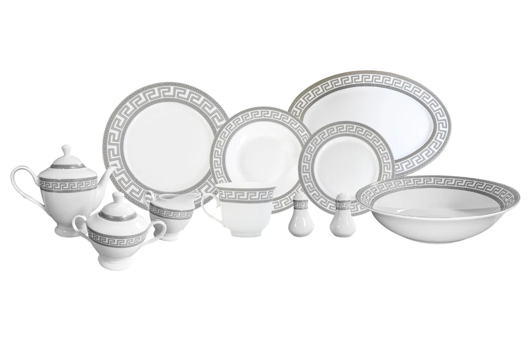 Dinnerware Set for 8 - 49 Piece White Dish - Vintage Porcelain - Plates, Bowls, Cups and Saucers - Luxurious Tableware, Chip Resistant
