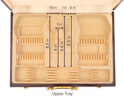 Flatware Storage Box with Drawer - For Up To 75 Piece Sets High-Gloss Case with Lid and Gold-Plated Handles, Red Wood Style Chest with Cream Interior Trays - Italian Collection Silverware Organizer