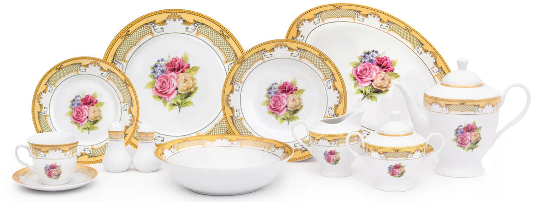 Dinnerware Set for 8 - 49 Piece White Dish - Vintage Porcelain - Plates, Bowls, Cups and Saucers - Luxurious Tableware, Chip Resistant