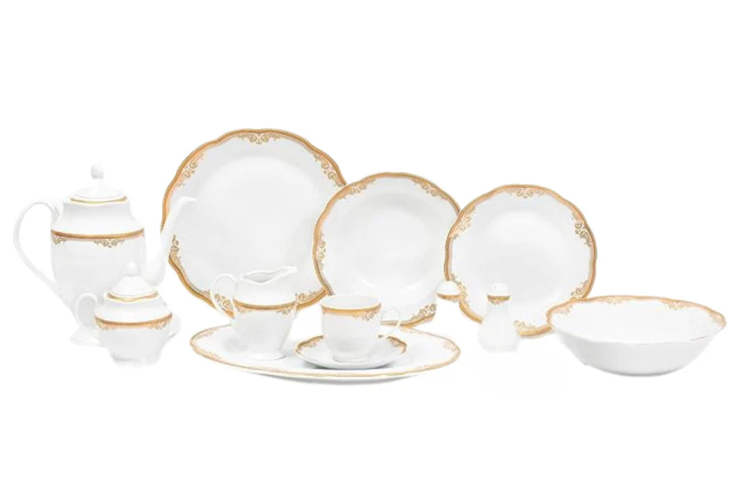 Dinnerware Set for 8 - 49 Piece White Dish - Vintage Porcelain - Plates, Bowls, Cups and Saucers - Luxurious Tableware, Chip Resistant