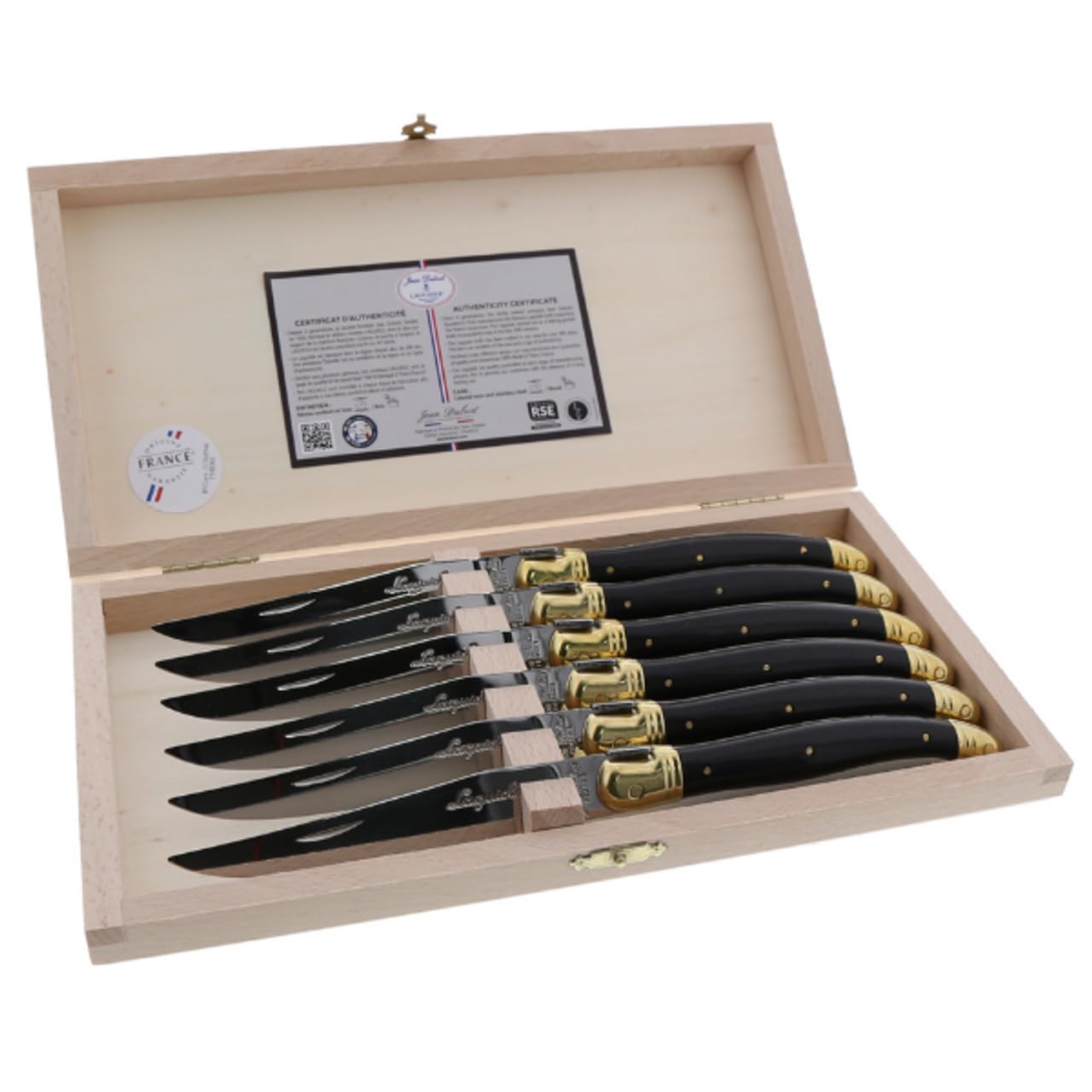 Laguiole steak knife set in tray positioned as a wrapped gift-ready presentation
