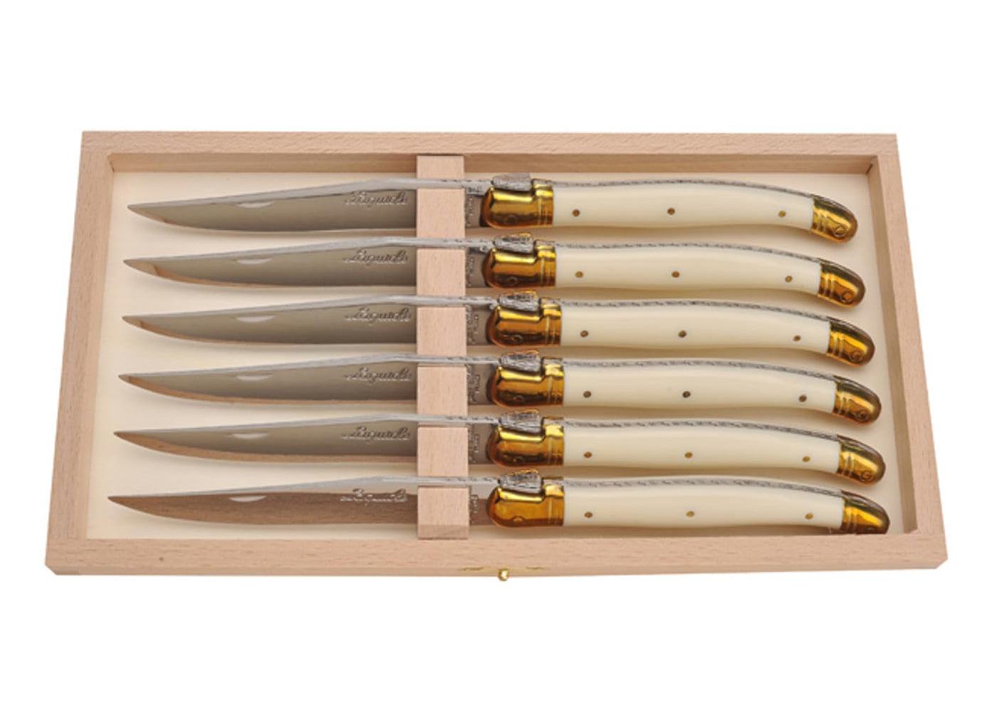 Single Laguiole stainless steel steak knife handle detail showing polished texture