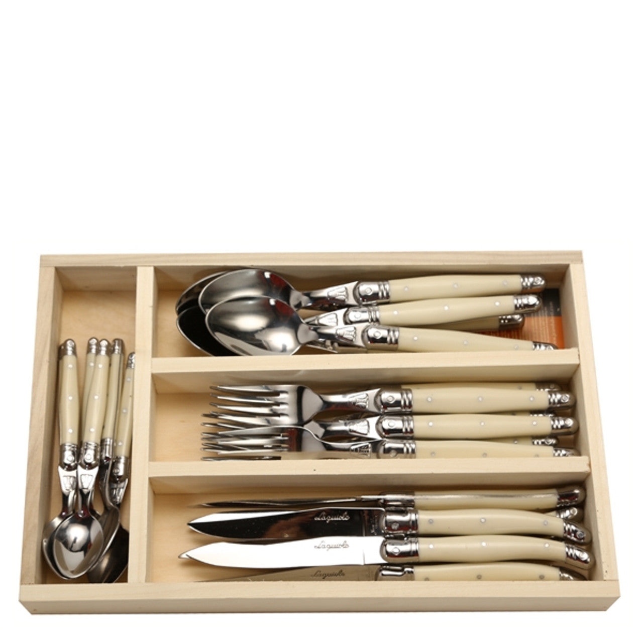 Overhead top-down view of the stainless steel flatware set neatly arranged in storage tray