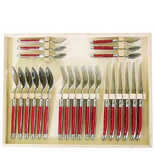 Packaging or box view of the 24-piece colored handle stainless steel flatware set with tray included