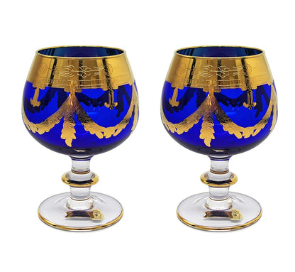 Interglass Italy Luxury Blue Crystal Cognac Glasses, 24k Gold-Plated Set of 2, 6, or 12