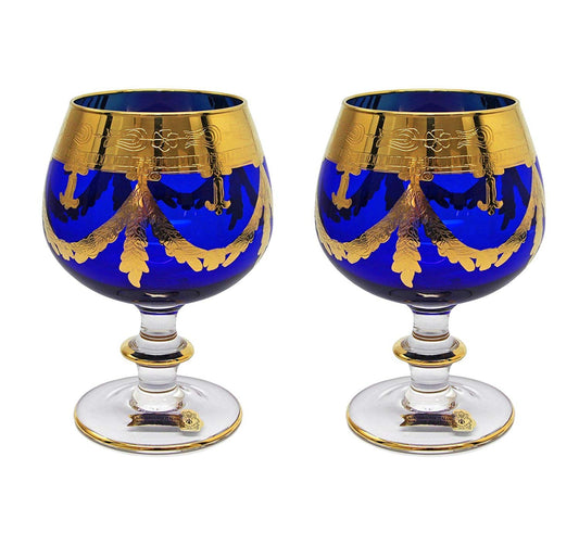 Interglass Italy Luxury Blue Crystal Cognac Glasses, 24k Gold-Plated Set of 2, 6, or 12