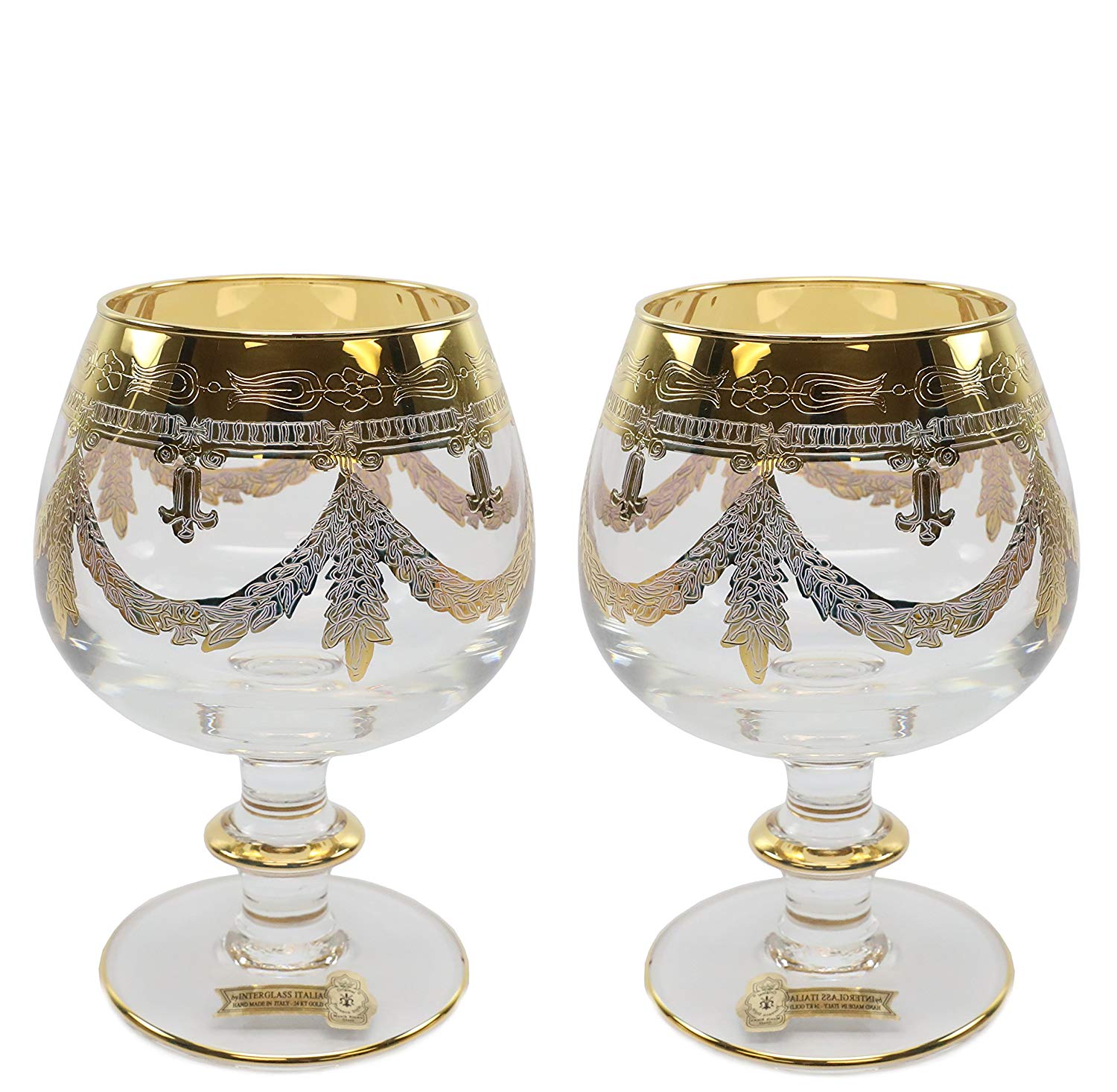 Interglass Italy Luxury Clear Crystal Cognac Glasses, 24k Gold-Plated Set of 2, 6, or 12