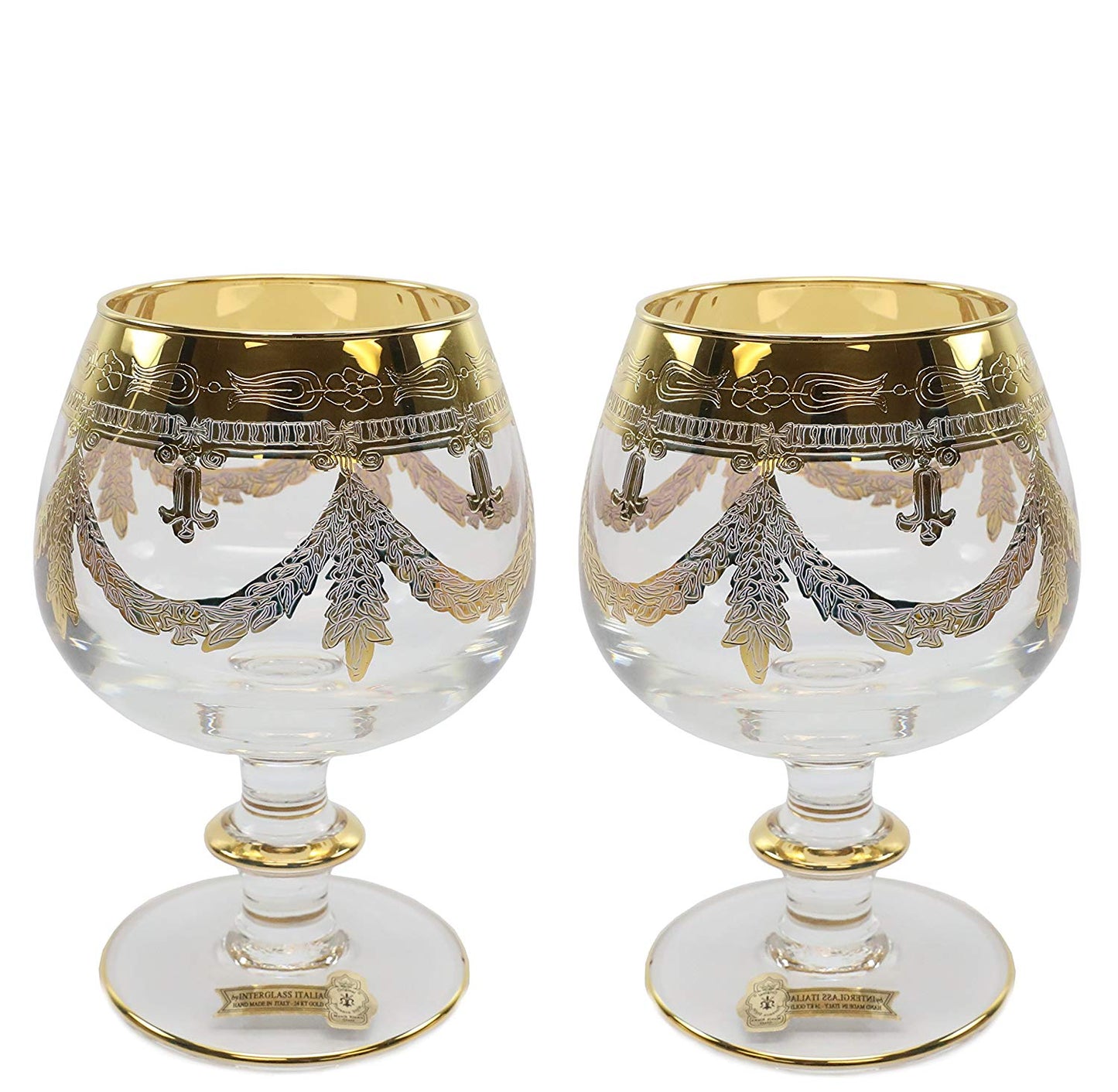 Interglass Italy Luxury Clear Crystal Cognac Glasses, 24k Gold-Plated Set of 2, 6, or 12