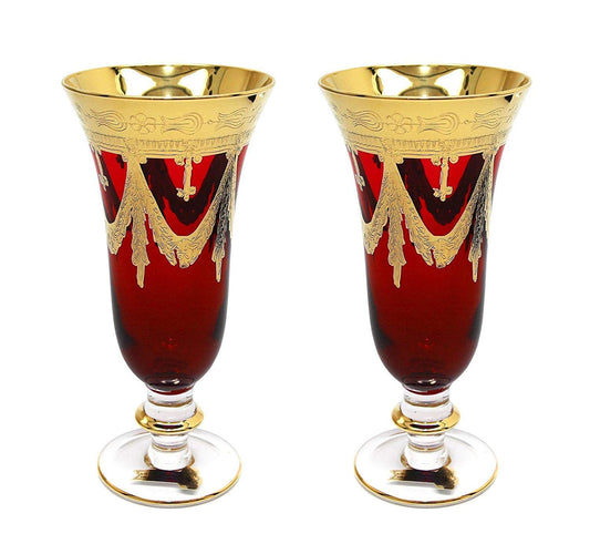 Interglass Italy Red Crystal Champagne Glasses, Vintage Design Set of 2, 6 or 12