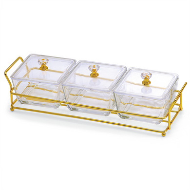(D) Elaborate Dip Bowls with Lids Square Set in a Tray (3 Bowls)