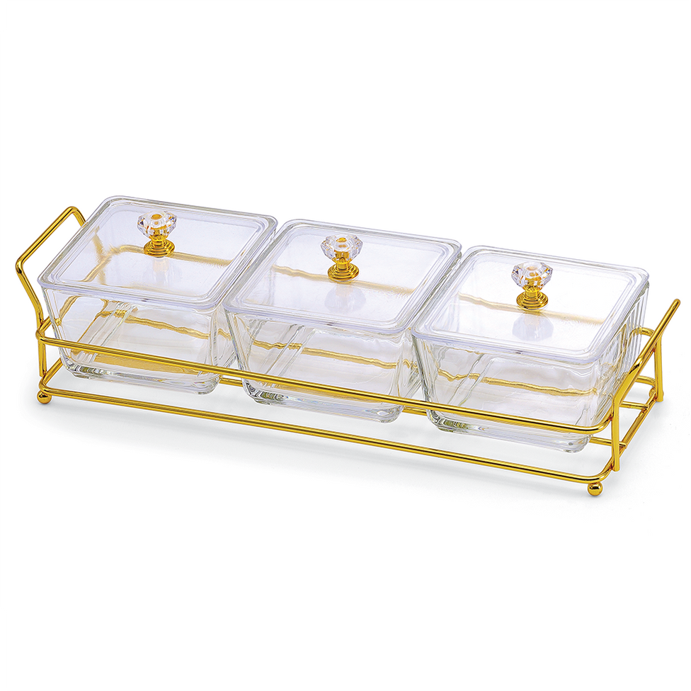 (D) Elaborate Dip Bowls with Lids Square Set in a Tray (3 Bowls)