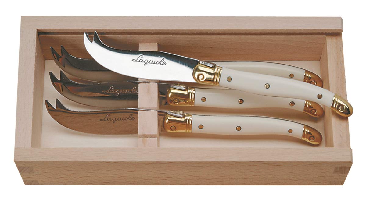 Side view of a single Laguiole French cheese knife showing the seamless blade-to-handle design