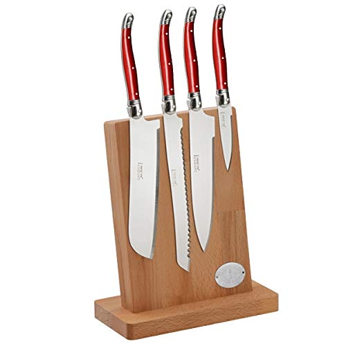 Laguiole 4-piece French knife set displayed on a magnetic wood block with Chef, Santoku, Bread, and Paring knives