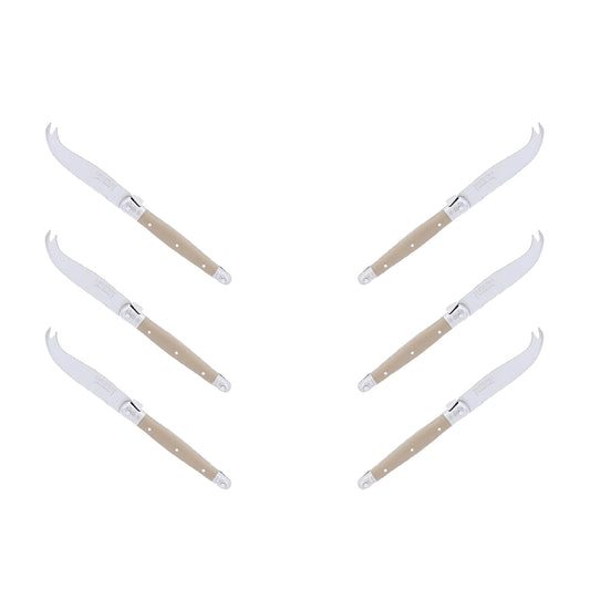 Side view of Laguiole 6-piece mini cheese knife set showing slim stainless steel profile