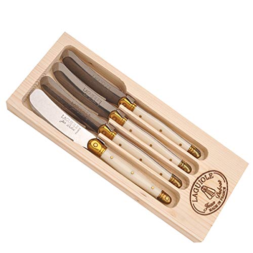 Side view of stainless steel cheese spreader knives with vibrant multicolored handles