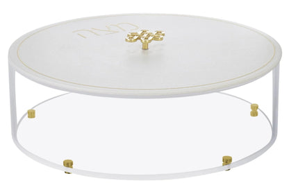 Lucite Matzah Box with Knot Handle - White Leatherette Cover - Elegant Passover Food Storage and Table Centerpiece with Gold Accent and Text Design - Festival Accessories and Jewish Gifts