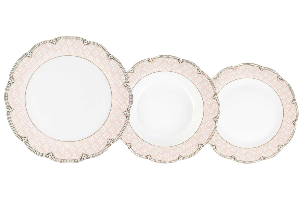 Porcelain Dinnerware Set for 4-12 Piece Luxurious Dish Set - White with Pink Design - Kitchen Set for Everyday Dishes or Formal Occasions (Sandra Pink 12DIN)
