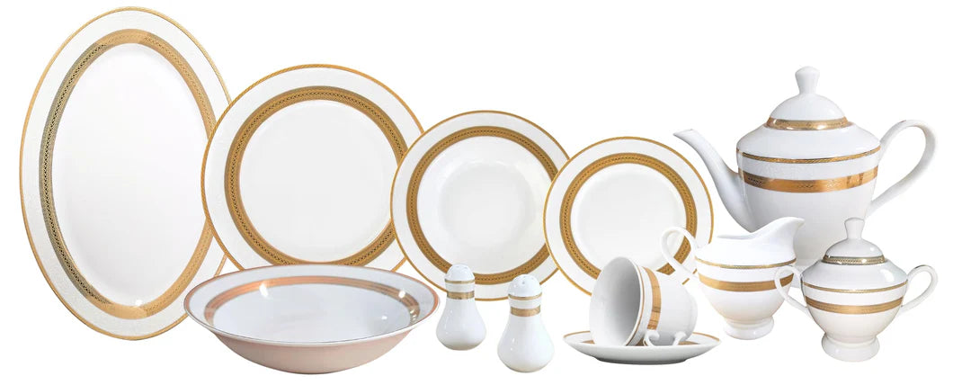 Dinnerware Set for 8 - 49 Piece White Dish - Vintage Porcelain - Plates, Bowls, Cups and Saucers - Luxurious Tableware, Chip Resistant