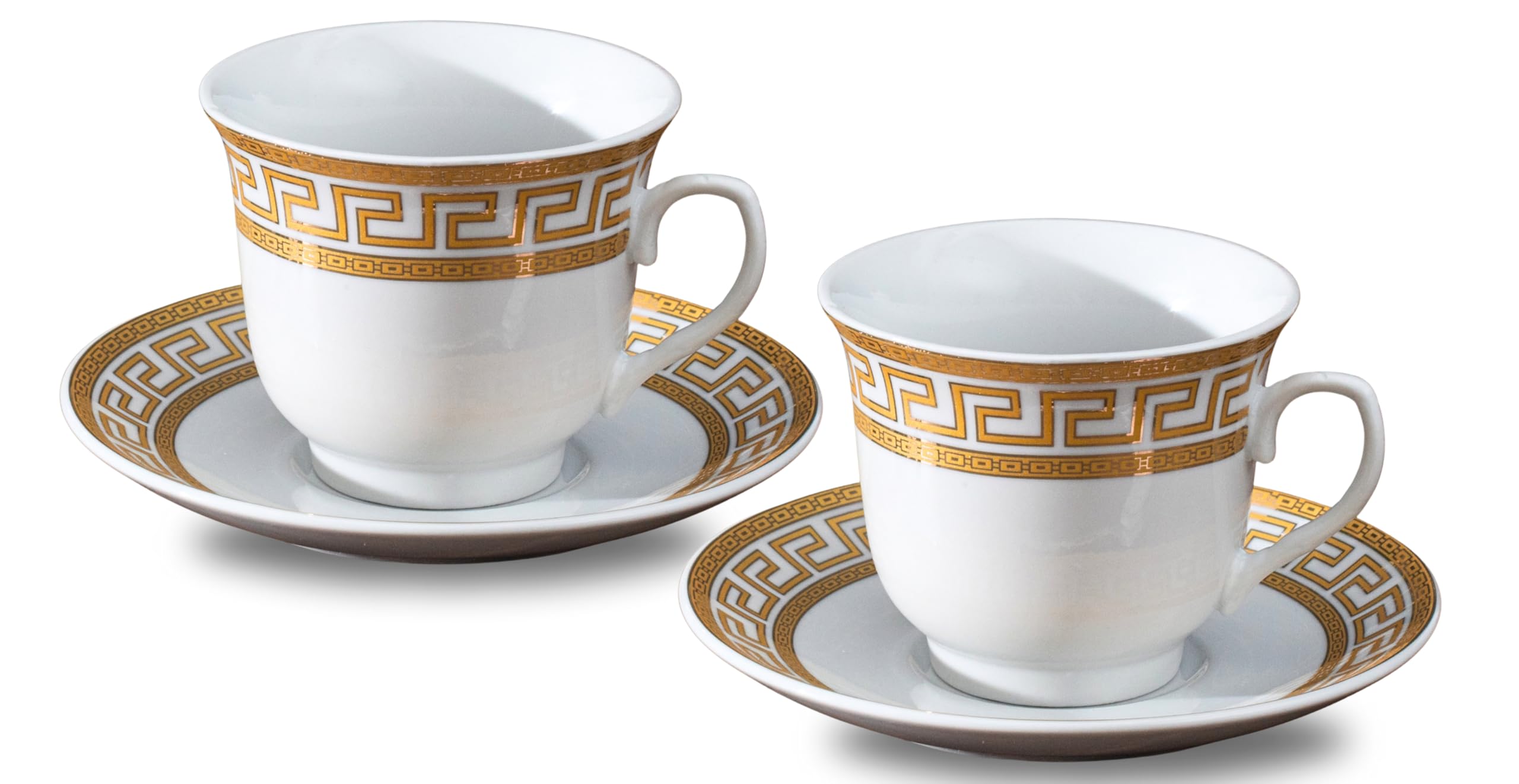Side view of a 6.5 oz vintage design porcelain tea cup resting on its matching 5.5 inch saucer