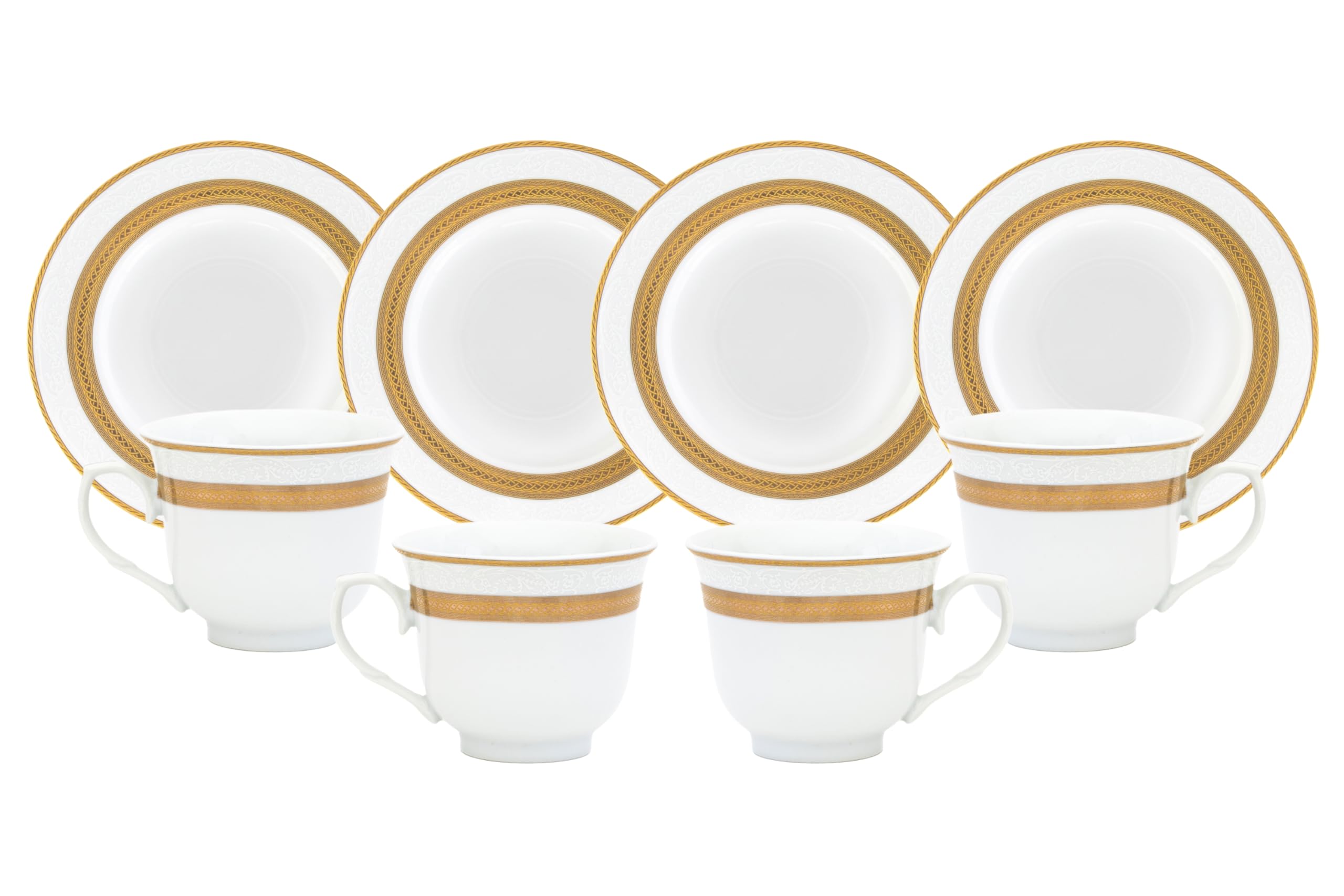 Full 8-piece porcelain tea set styled on a table with a teapot and linen napkins for an elegant tea party setting