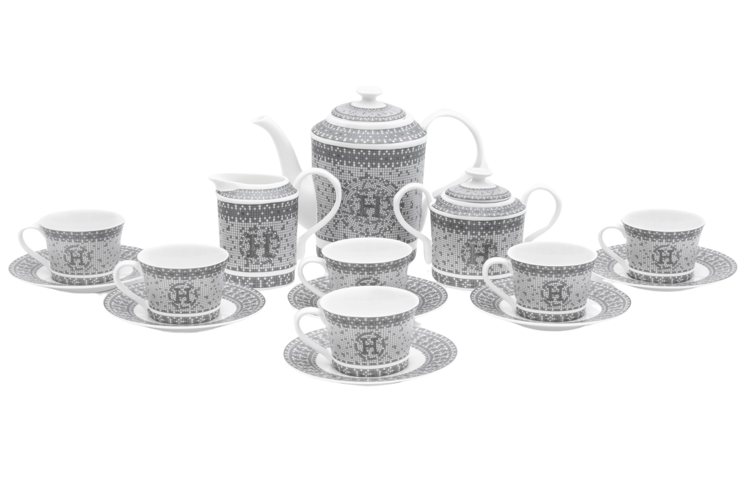 17-piece porcelain tea set with geometric mosaic design and hand-painted silver accents, full set view