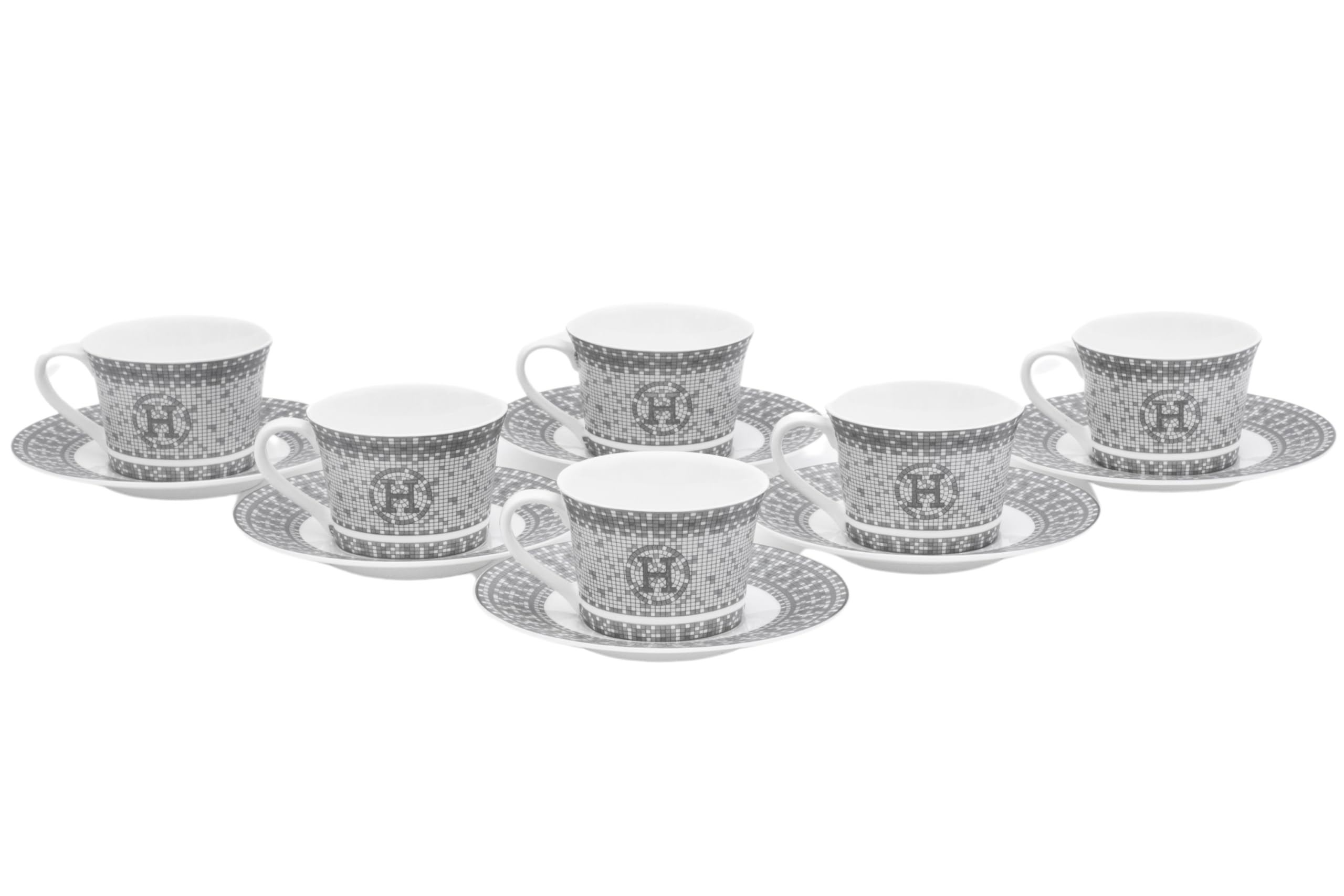 12-piece porcelain tea set with mosaic design and hand-painted silver accents displayed on a white surface