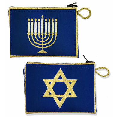 (D) Reversible Judaica Star of David & Menorah Tapestry Pouch Case - Double-Sided Design - 5.5