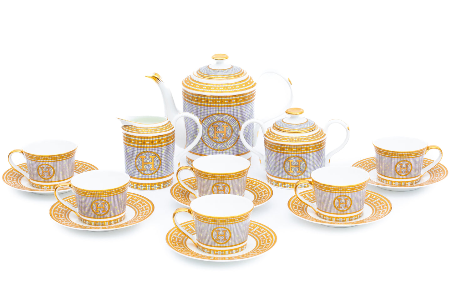 Tea set saucers cups tea pot sugar pot creamer