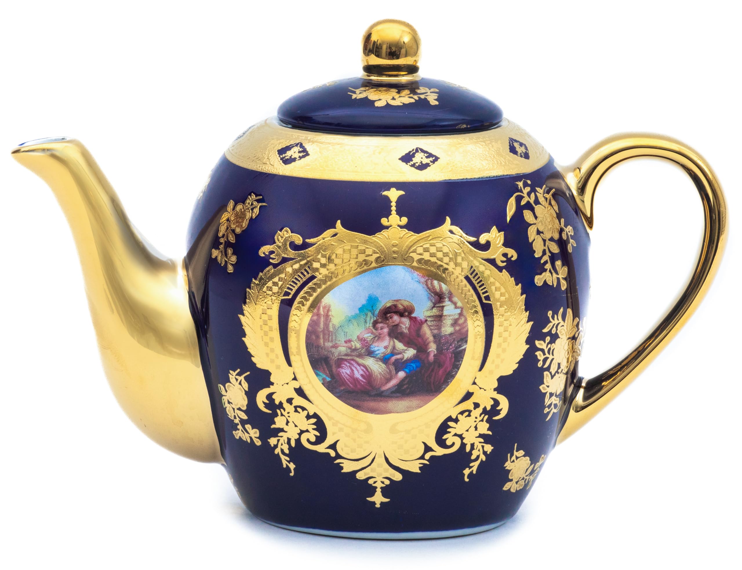 Royalty Porcelain Vintage Teapot in cobalt blue and gold, 30 oz ceramic, front view