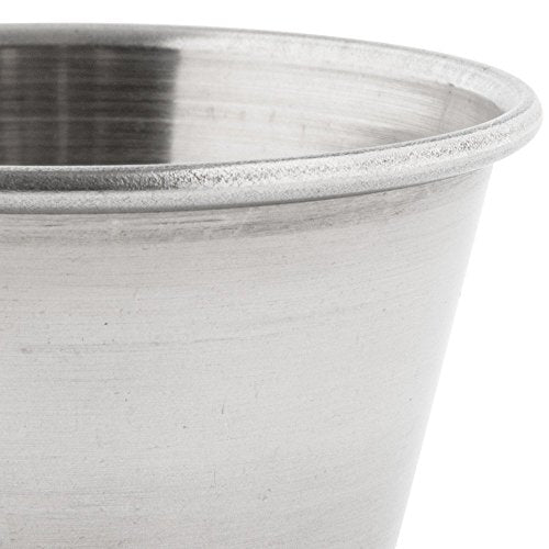 Stainless steel 2.5 oz portion cups neatly stacked to show storage and space-saving design