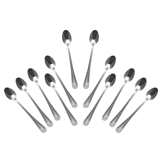 Side angle view of stainless steel fork, knife, and spoon from the flatware set