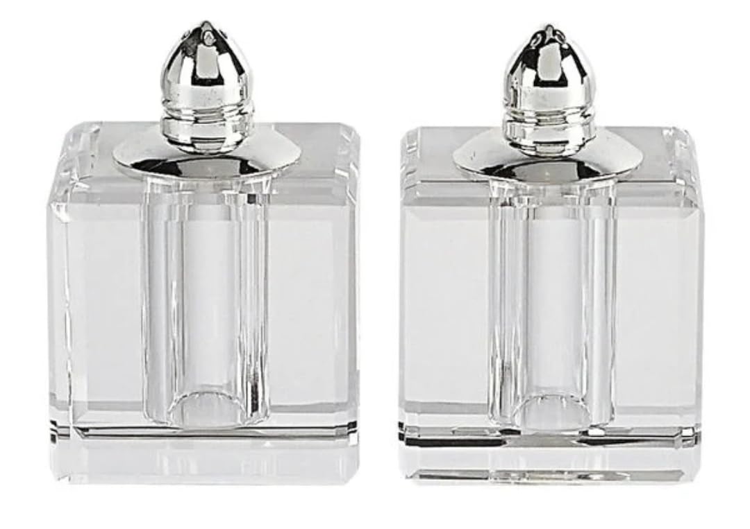 Salt and Pepper Shakers - 2.75 Inch Handcrafted Optical Crystal Pair - Modern Square Block Design (Silver)