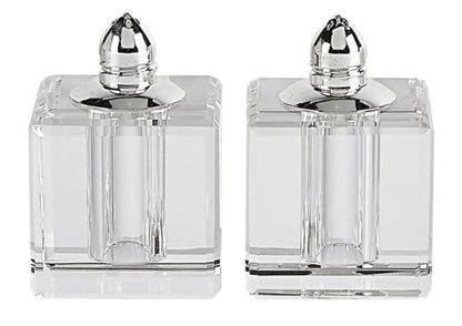 Salt and Pepper Shakers - 2.75 Inch Handcrafted Optical Crystal Pair - Modern Square Block Design (Silver)