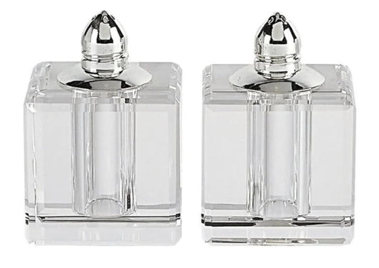 Salt and Pepper Shakers - 2.75 Inch Handcrafted Optical Crystal Pair - Modern Square Block Design (Silver)