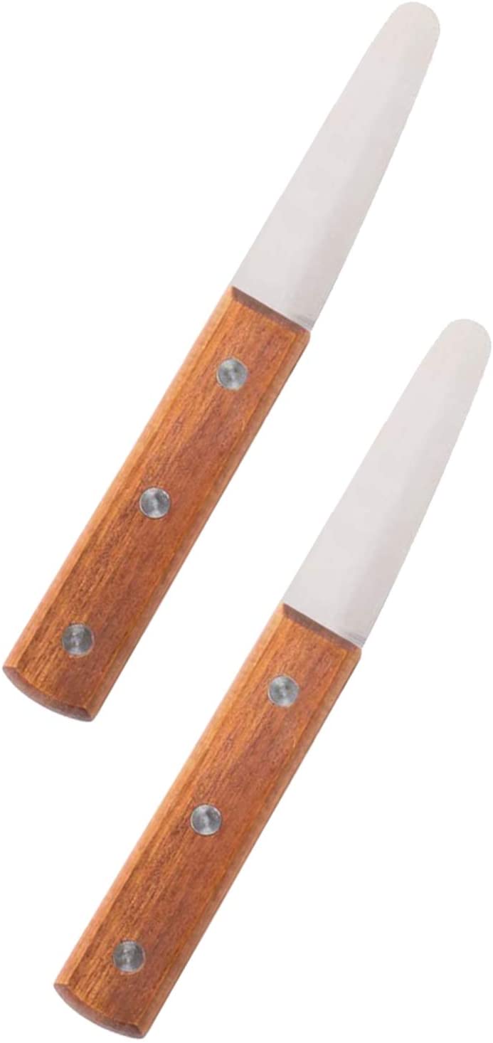Stainless steel clam and oyster knife set with warm wooden handle on white background