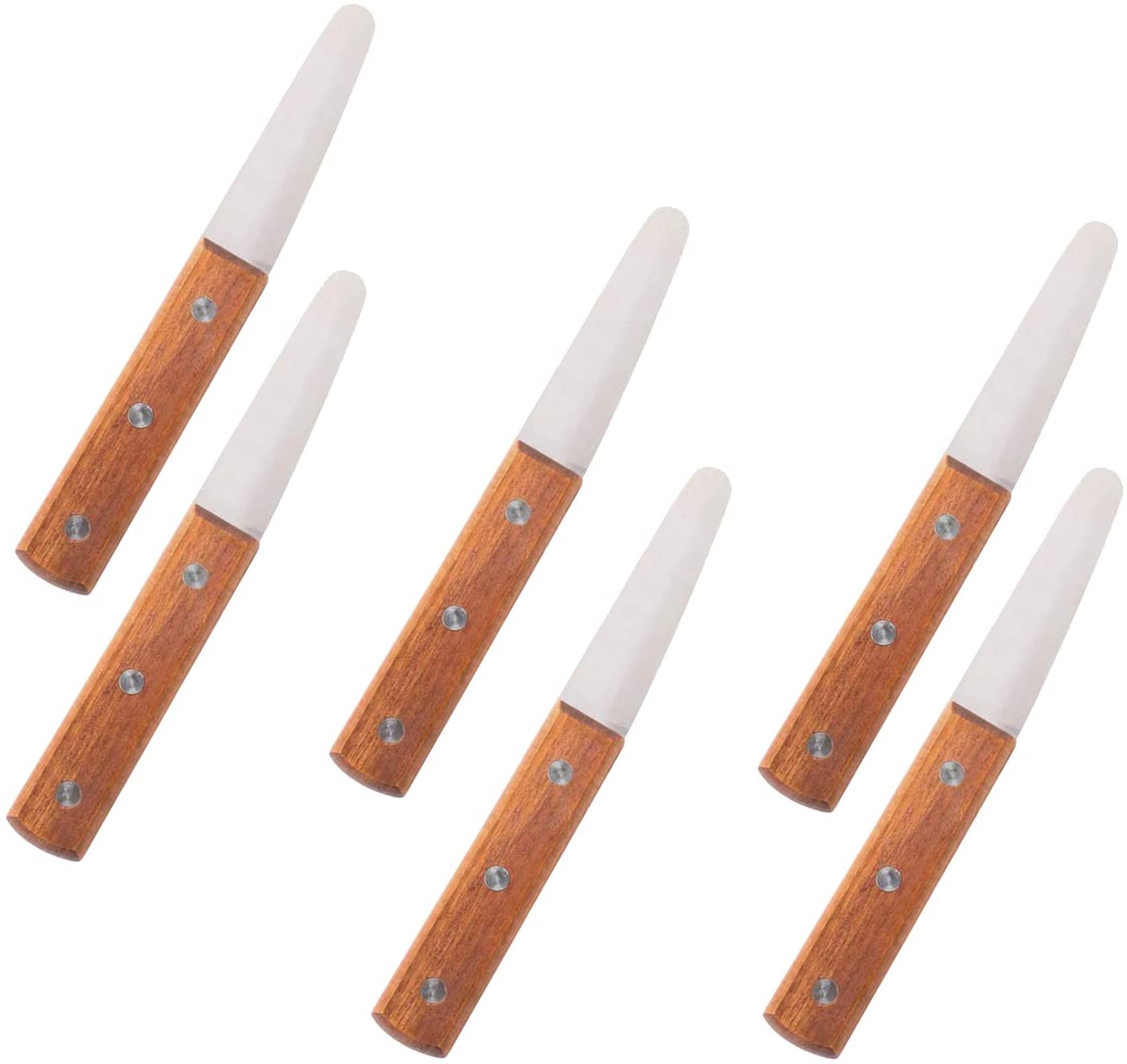 Side view of stainless steel oyster knife showing blunted blade edge and contoured wooden handle